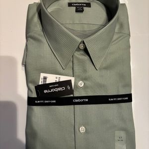 Claiborne Light Green Cotton Long Sleeve Dress Shirt 17 34-35